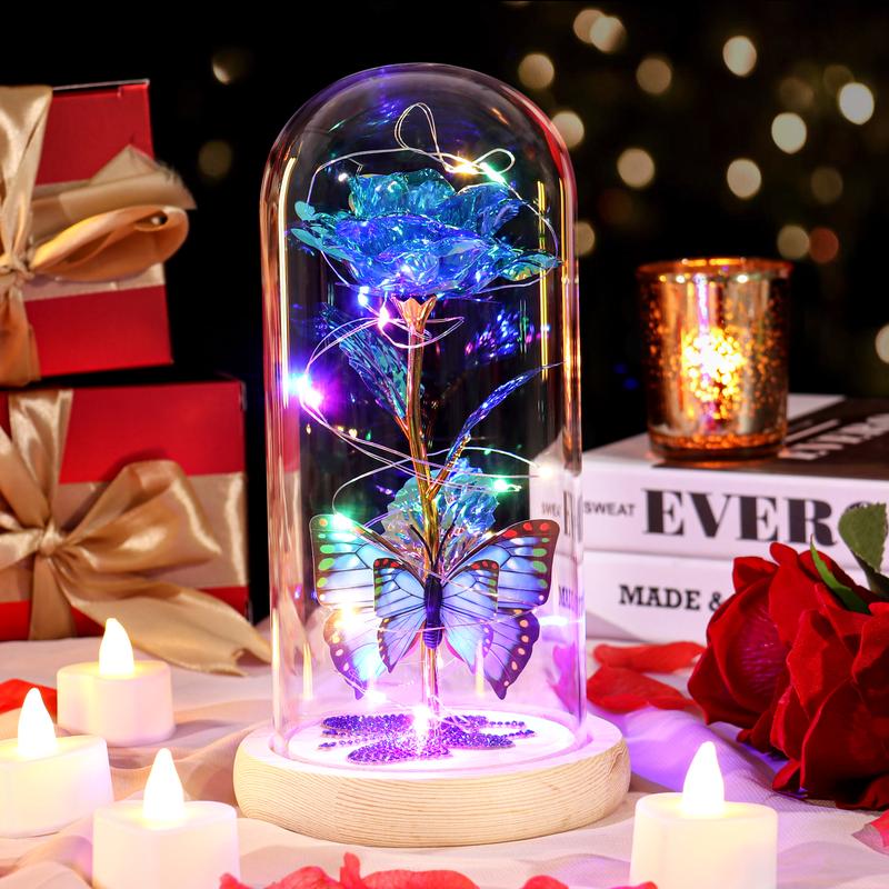 DEEMEI Birthday Gifts for Women Eternal Flower Light Up Galaxy Rose in Glass Dome with Butterfly Valentines Day Gifts for Her Mom Girlfriend Daughter