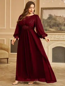 Elegant Plus Size Women's Round Neck Lantern Sleeve Sequin Patchwork Solid Color Chiffon Evening Party Dress, Big Swing Gown