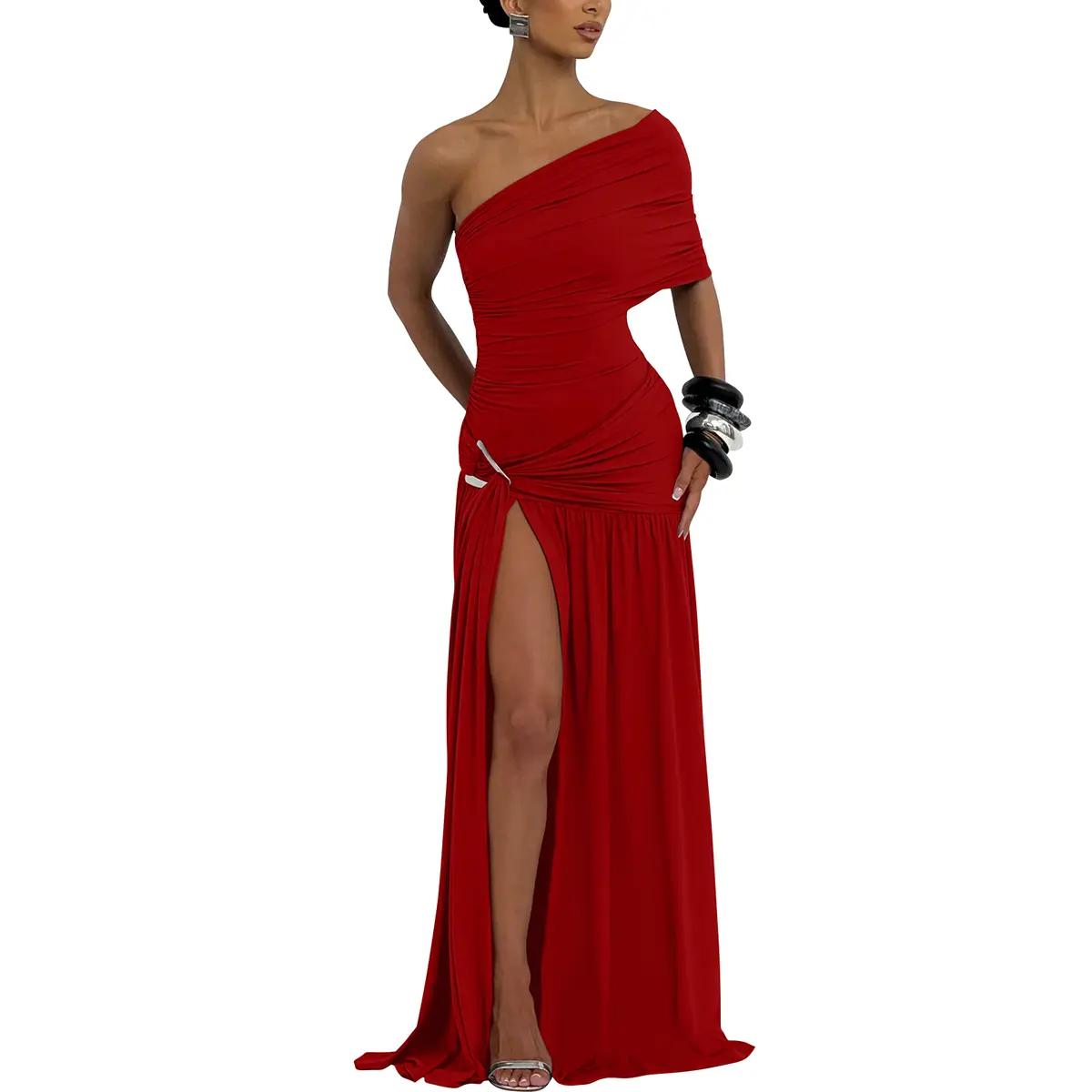 OYS Women's Elegant One Shoulder Sleeveless Ruched High Split Long Formal Evening Dress