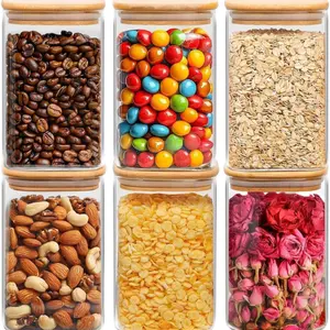 1.2 QT Glass Storage Containers with Lids, Glass Jars with Lids, Clear Food Jar, Square Canister Set of 6, Pantry Organizers and Storage for Cookie Flour Oat Pasta Tea Coffee Bean