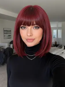 12 Inch Bobo Head Wig with Fringe, with Bangs, Raspberry, Daily Wear Synthetic Fiber Hair, Easy Care, Natural Look, Suitable for Work, Life, Parties, Straight Bob Wig