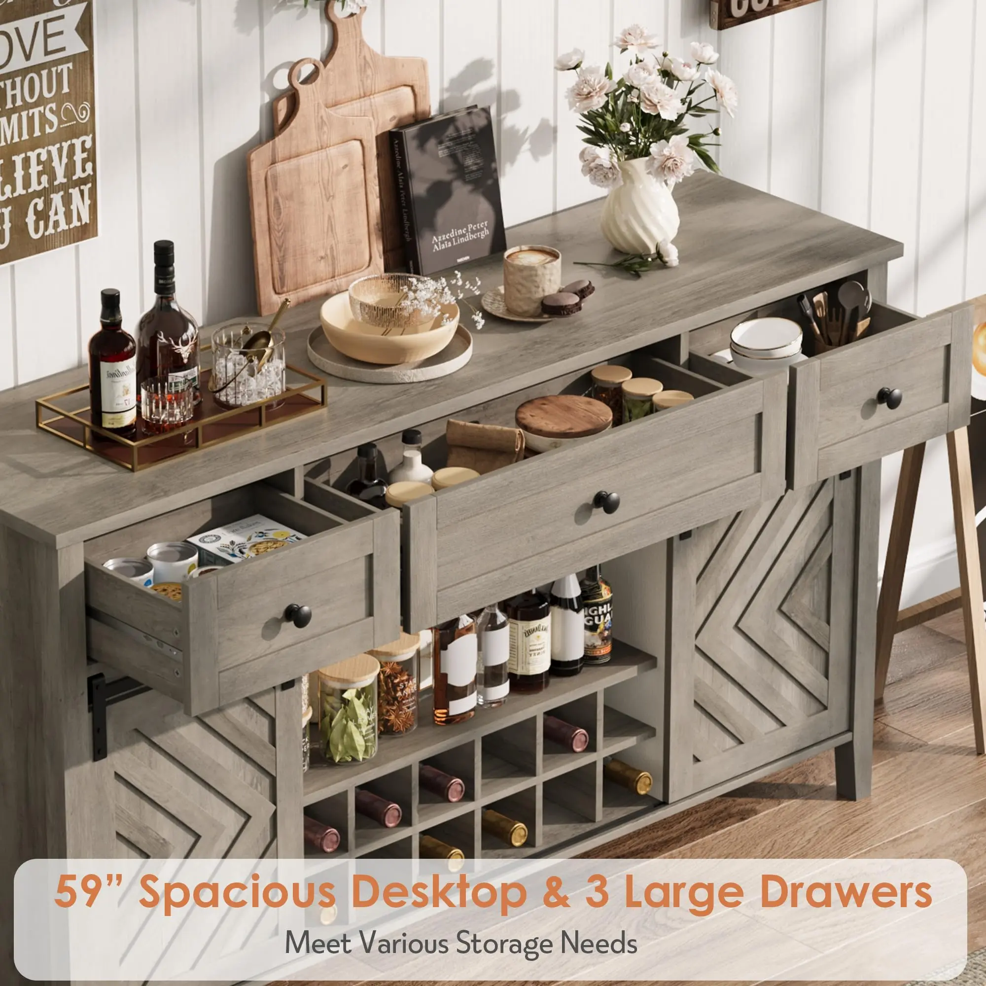 Garvee Farmhouse Buffet Cabinet with Sliding Barn Door – 3 Drawers, Adjustable Shelves, Removable Wine Rack, Rustic Sideboard Coffee Bar for Dining Room, Kitchen, Living Room – White, 47.2''/59''