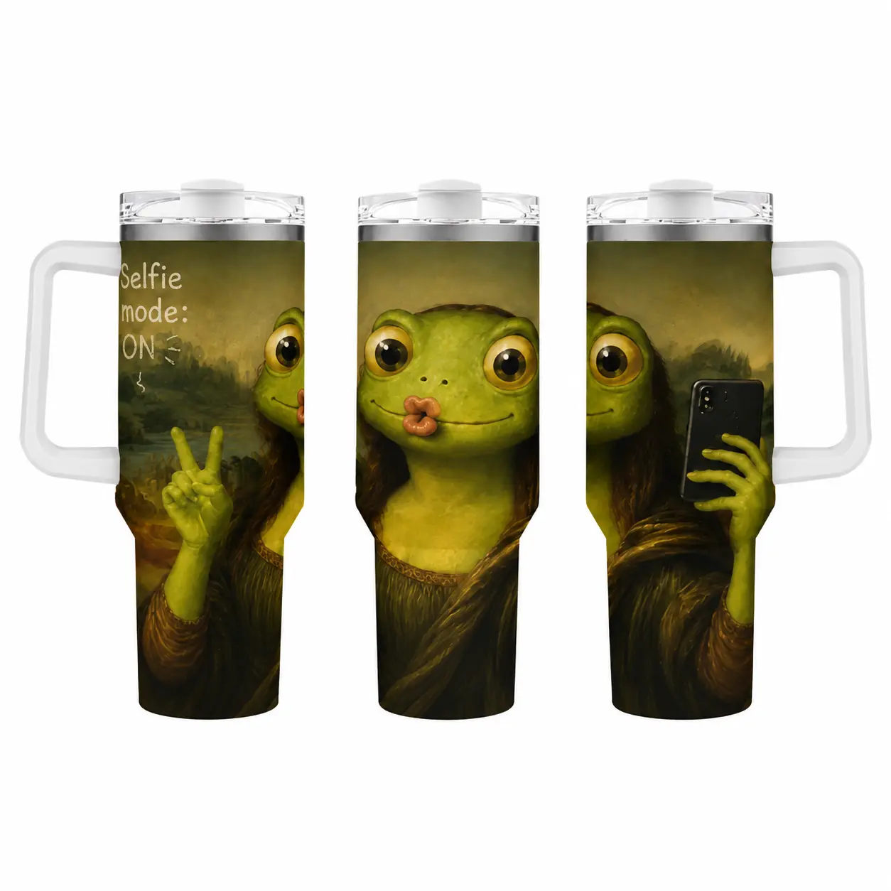 40oz Insulated Stainless Steel Water Bottle - Funny Renaissance Classic Portrait Selfie Frog Meme Print, Handle, Vintage Oil Painting Graphic, Double Wall Hot-Cold Retention, Spill-Proof Straw Lid, Unique Gift for Art History Enthusiasts, Water Bottles, I