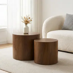 Nesting Round Coffee Table Set of 2, Modern Wooden Side Tables with Non-Slip Feet, No Assembly Required, for Living Room Bedroom Balcony & Small Spaces