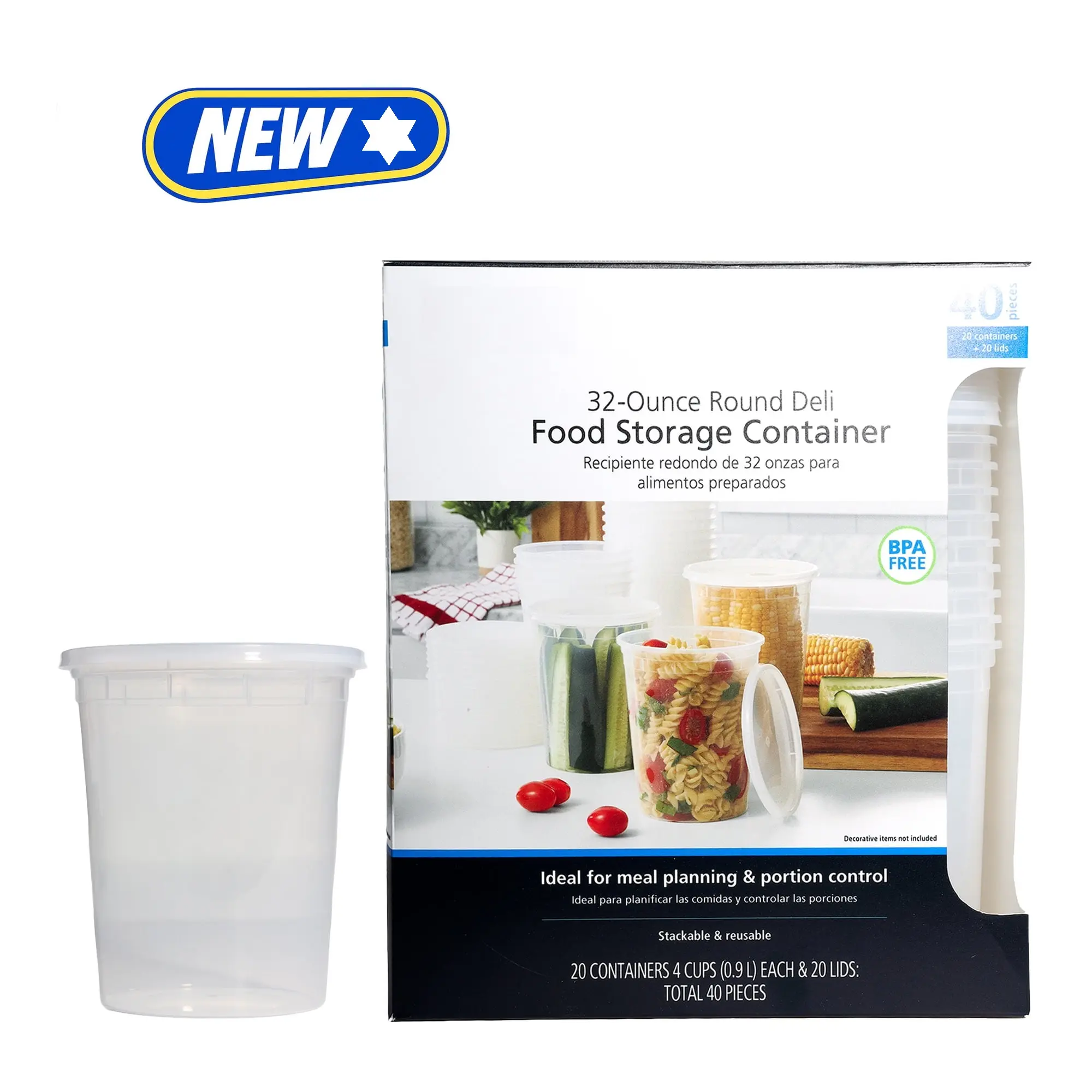 32 oz Round BPA-Free Deli Food Storage Containers - Stackable, Reusable, 20 Containers & 20 Lids (40 Total Pieces) - Ideal for Meal Planning, Portion Control
