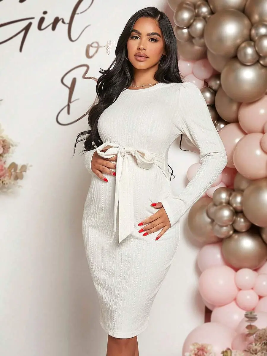 LUNA LAYER Womens Maternity Tie Front Long Sleeve Bodycon Dress White Baby Shower Fall