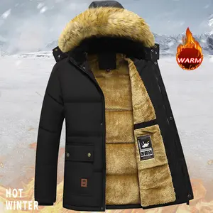 Men's Winter Jacket | Classic Navy Blue Polyester Hooded Coat with Faux Fur Trim | Thick Warm Sherpa Lining | Zipper & Button Closure | Multiple Pockets for Versatile Use | Cold Weather Outerwear with Faux Fur Trim | Durable Winter Outdoor Apparel