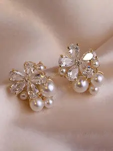 Faux Pearl & Rhinestone Decorated Stud Earrings, Elegant Flower Design Stud Earrings for Women, Trendy All-match & Exquisite Jewelry for Birthday Gift, Versatile Earrings