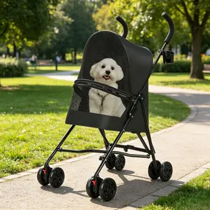 Foldable Lightweight Pet Stroller for Small Dogs & Cats, Breathable Mesh Ventilation Dog Cat Travel Stroller with Cup Holder, Portable 4-Wheel Pet Cart for Outdoor Walking, Park Trips & Vet Visits, Black