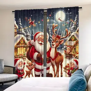 Christmas Theme 2pcs HD Digital Print Santa Claus Curtain, Polyester Material, Semi-Transparent Privacy Protection, Washable, Home Decor, Room Decor Curtain