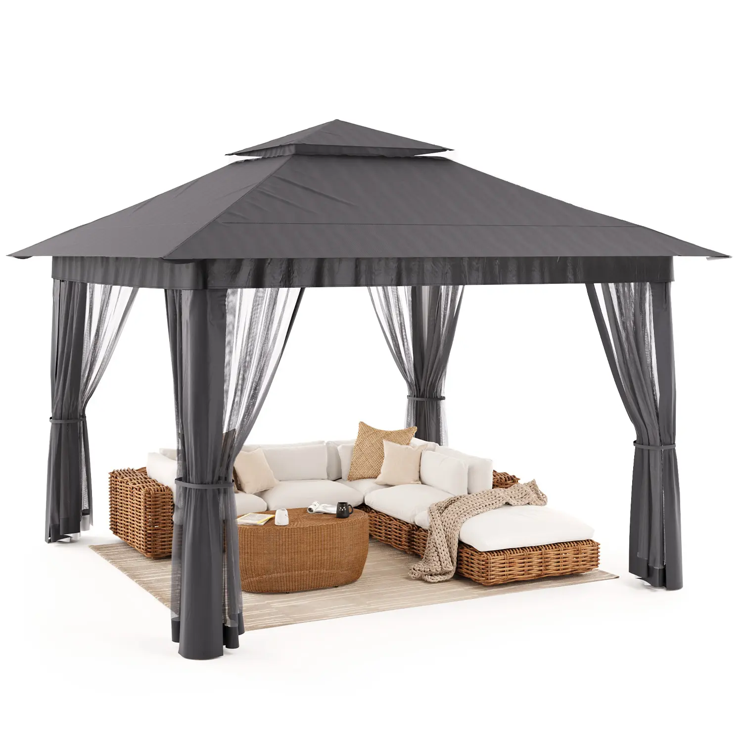 Gizoon 11x11 Pop Up Gazebo Tent - Outdoor Canopy Shelter with Removable Canopy, Zip Mesh Walls, UV Protection, Adjustable Heights, 6.7 ft Headroom, 121 sq ft, Roller Bag for 7-10 People, Garden Party, Patio, Grey