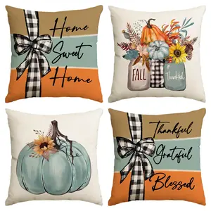 4pcs Thanksgiving Autumn Pillow Cover, Sunflower and Pumpkin Pattern Pillow Cover, Ceramic Jar Bouquet Harvest Decoration Cushion Cover, Suitable for Bedroom, Living Room, Sofa, Farmhouse, Bed, Car Decoration Cushion Pillow Cover (No Pillow Core)