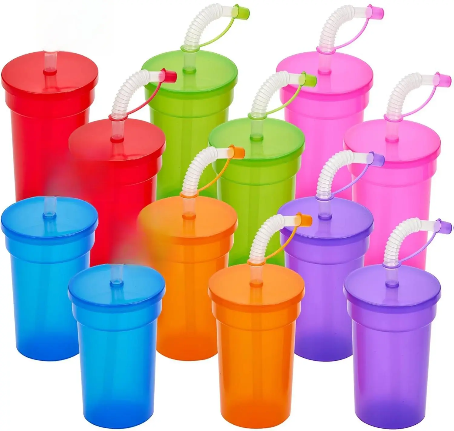 12 Pack Neon Sipper Cups - 12 Oz. - Colorful, Spill-Proof Cups with Lids and Straws - Ideal for School Events, Themed Parties, and Birthday Celebrations - Party Supplies Beach Bottles