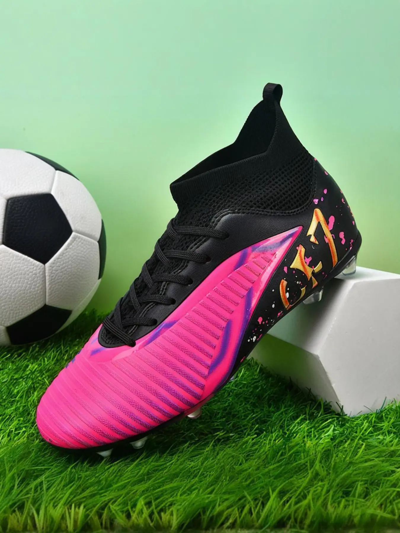 Unisex Athletic Training Boots, Anti-Slip Fg Long Studs, Breathable High-Top Soccer Shoes, Football Shoes, Lightweight Classic Design, Indoor Outdoor Games, Soccer Cleats