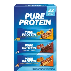 Pure Protein Bars, Nutrient Rich Snacks with High Protein for Energy Support, Minimal Sugar, Gluten-Free, Variety Pack (23 Pack) Chocolate Peanut