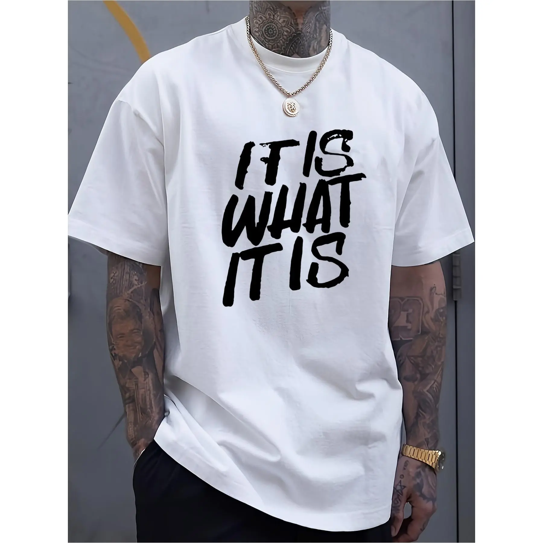 Men's Vintage "IT IS WHAT IT IS" Graphic Tee - Casual Short-Sleeve, Breathable Cotton, Soft Comfortable Round Neck - White with Bold Black Lettering Streetwear Menswear, Ideal for All Seasons
