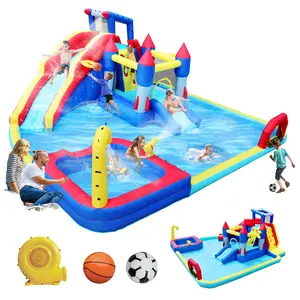 Bounce House Waterslide for Kids & Adults,Inflatable Bouncer Jumper Slide,Inflatable Party Pool Slide,10 in1 Inflatable Slide Water Park  Bouncing House Garden with Splash Pool & Water Gun & Basketball & Climbing Wall & Dual Pools & Soccer