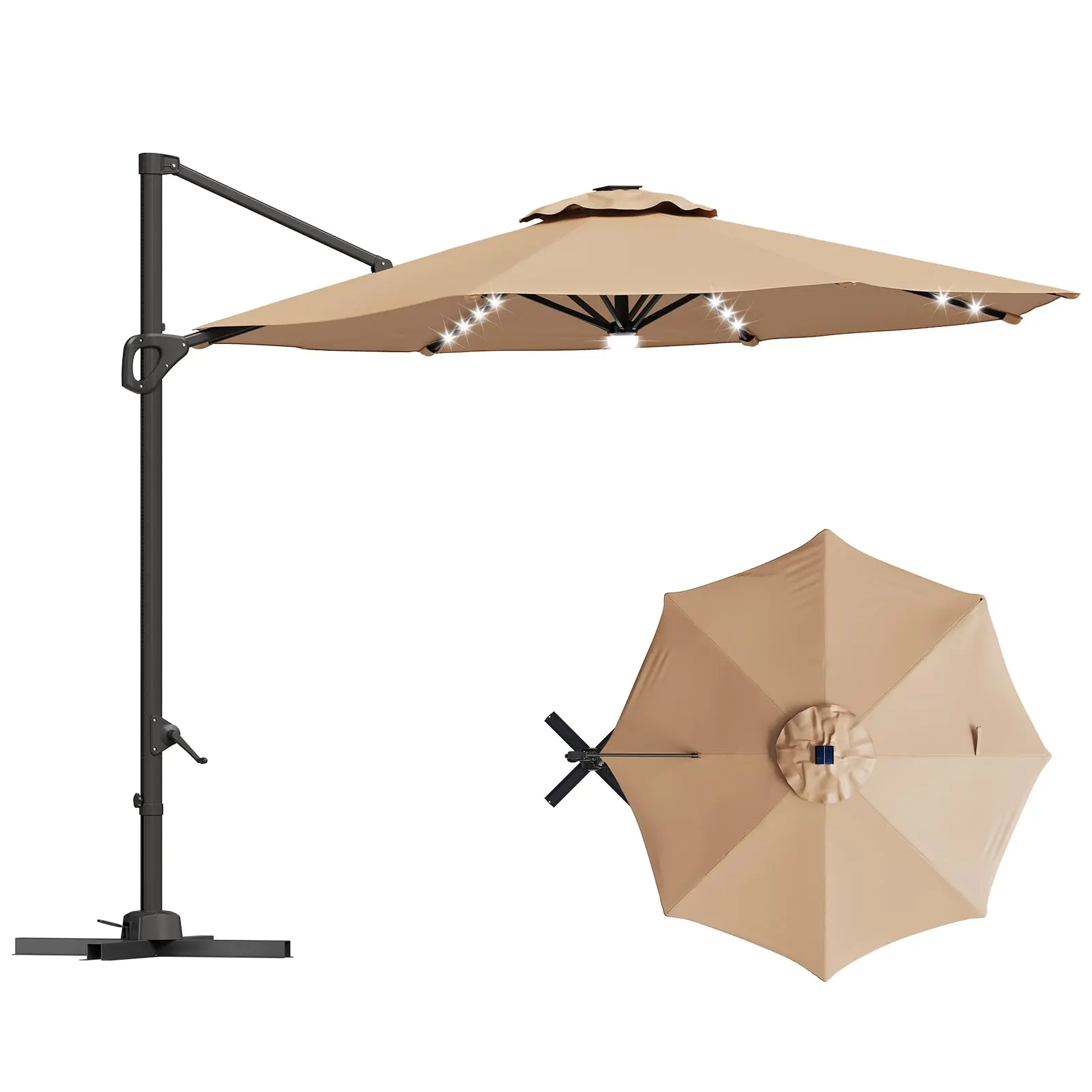 Garvee Outdoor Umbrella – 10FT Mini Offset Patio Umbrella with Solar-Powered LED Lights, 360° Rotation & Easy Tilt – Cross Base Included for Backyard, Poolside, Deck & Outdoor Spaces, Blue