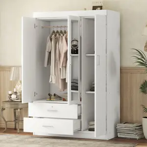 Wardrobe with Mirror,3-Door and Storage Shelves, Wood Wardrobe