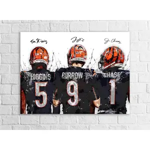 [UNFRAMED] Joe Burrow Ja'Marr Chase Tee Higgins Poster Highlighting Elite Chemistry, Cincinnati Football Wall Art for Man Cave and Football Gift