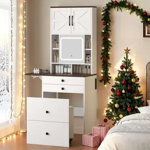 【Gift for her】3 in 1 Small Vanity Desk with Mirror and Light, Makeup Vanity Table with Drawers for Small Space, Compact Mini Corner Vanity Set Dressing Table