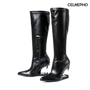 CELNEPHO Knee High Boots for Women Pointed Toe Morso Boot Metalic Heel Tiger Teeth Shaped Heel Side Zipper Closure Goth Tall Boots Comfy Easy Pull on Costume Party Club Out Concert Fashion Dress Shoes Deals For You Days