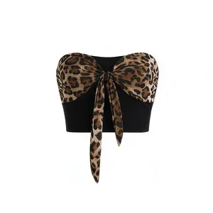 FDR Mesh Leopard Print Fixed Tie Strapless Bandeau Crop Top & Flare Pants, Sold Separately summerwins