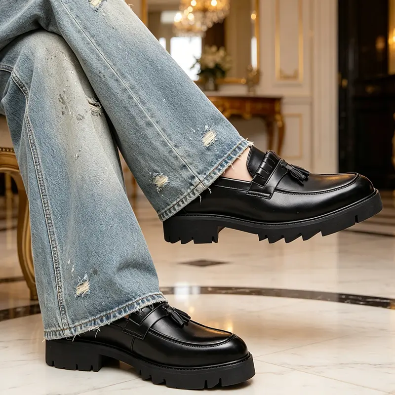 Men's Business Solid Color Tassel Loafers - Classic Slip-On Black Office Dress Shoes with Removable Insole, School-Focused Footwear for TikTok Shop Back-to-School