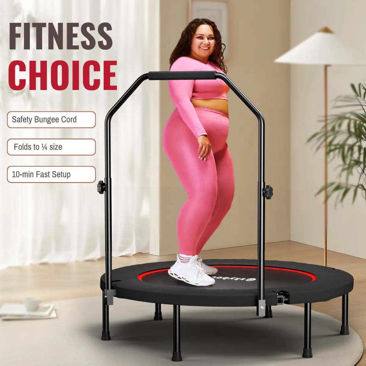 40inch Foldable Trampoline for Adults - Indoor Outdoor Fitness Equipment with Adjustable Handlebar & Premium Silent Bungees for Quieter Workouts