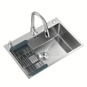 2024 1 count Stainless Steel Single Bowl Kitchen Sink Set, 19.68IN*15.74IN, Brushed Finish, Pull-Down Faucet, With Drain Basket, Modern Home And Bathroom, Professional Installation Recommended