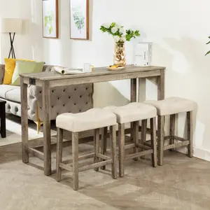 4 Piece Bar Table Set with Power Outlet,Bar Table Set with Chairs,Sofa Bar Table with Stools,Behind Couch Table with 3 Padded Stools,for Living Room,Dining room, White & Grey/Brown/Dark Gray/Light Oak