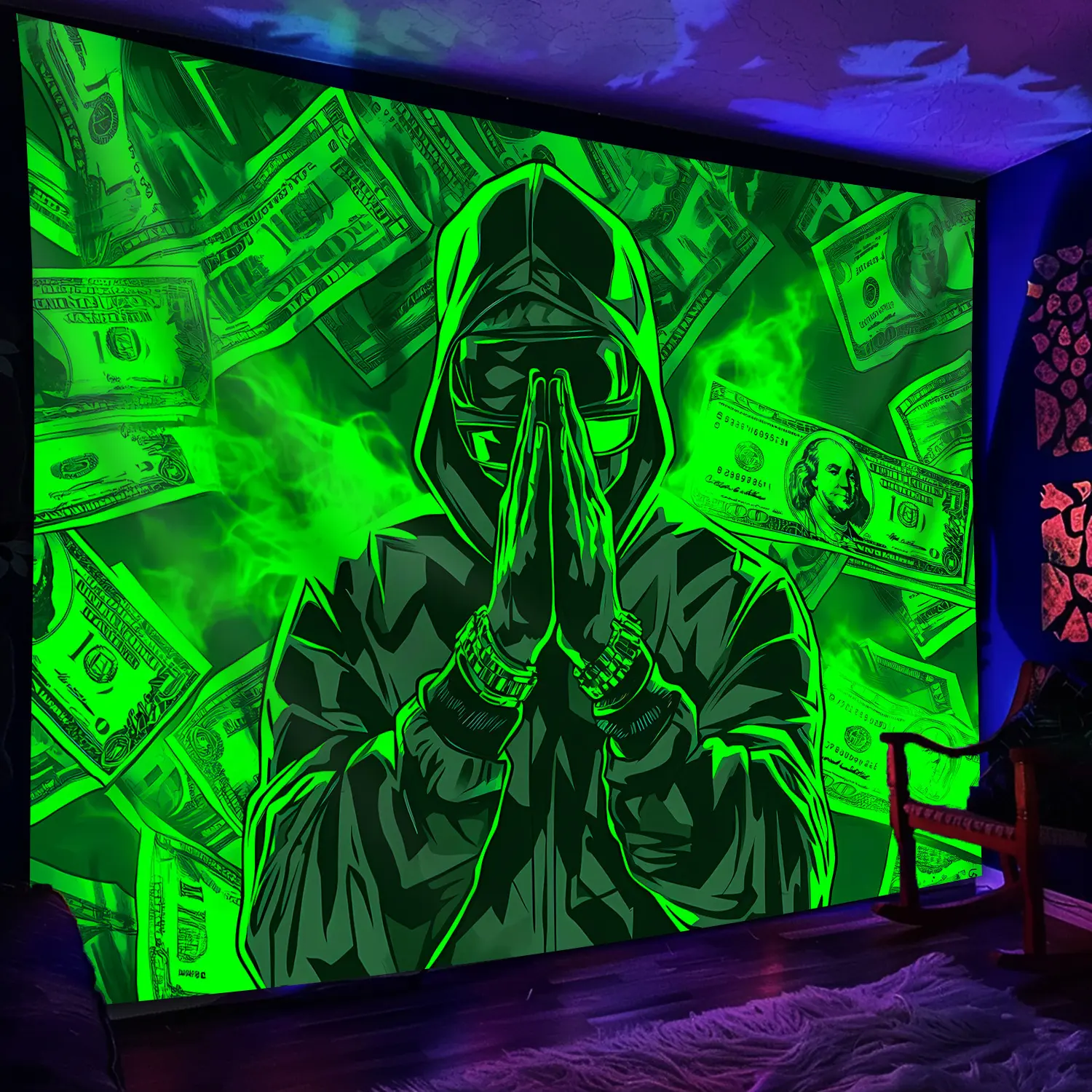 60x40 In Rectangular Glow-in-the-Dark Money Prayer Tapestry - Large Fluorescent Print Wall Decor with Hooded Figure & Cash Design, Lightweight Cloth, Hand Wash Safe, Easy Install, No Power Needed for Bedroom, Party, Birthday