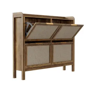 47" Farmhouse Rattan Shoe Cabinet, Boho Space-Saving Shoe Organizer with 4 Flip Drawers, Narrow Hidden Shoe Rack for Entryway & Hallway, Brown