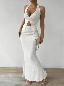 Women's Solid Color Ribbed Tie Shoulder Sleeveless Crop Top & Mermaid Skirt Two-piece Set, Matching Skirt Set, Casual Fashion Cozy Two Piece for Daily Outdoor Wear, Ladies Clothes for Summer, Suits, Womenswear