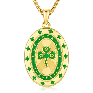 Thanches Saint Patrick Protect Us Medal Cross Necklace 925 Sterling Silver Pendant Religious Ireland Patron Retro Green Amulet Jewelry Gift for Men Women