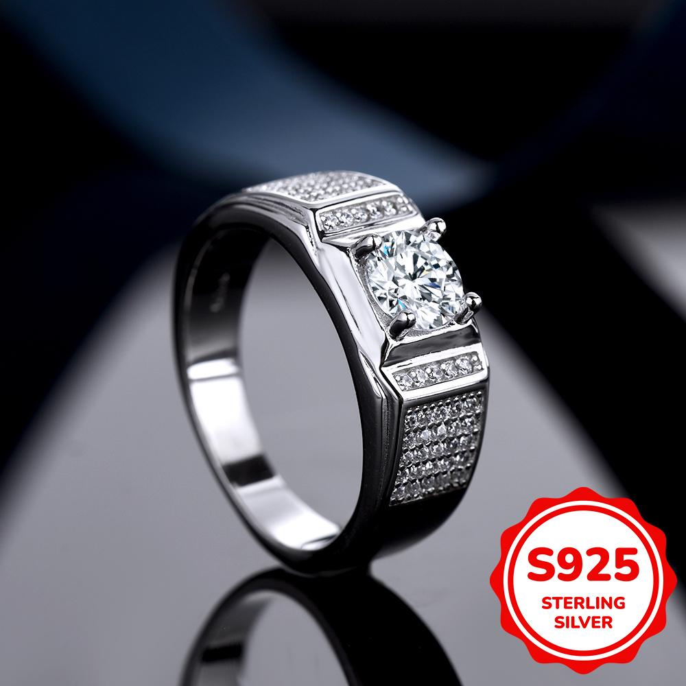 925 Sterling Silver Inlaid Ring with Shiny Zircon Ring - Simple and Fashionable Atmosphere Jewelry for Men - High Quality 8.5 Grams