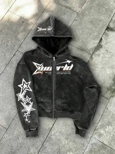 Unisex Street Style Zip Hoodie Jacket, Spring & Fall Thin Cotton Sweatshirt, Xworld Logo Star Pattern, Y2K Campus Hip Hop Fashion