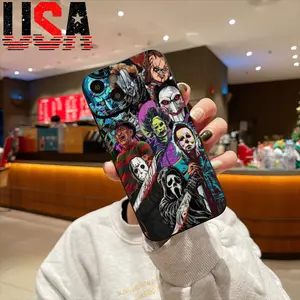 Horror Characters Spooky Design Case for iPhone 11/12/13/14/15/16 Pro Max Plus TPU Anti-Shock Lightweight Halloween Black