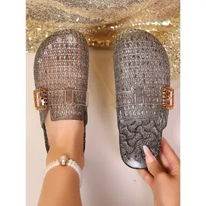 Women's Summer Crystal Transparent Open-Toe Slippers, Fashionable Outdoor Home Sandals, Princess Style Half Slipper Shoes