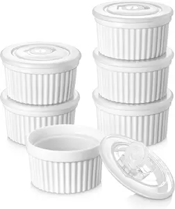 6 oz Ramekins with Lid, Porcelain Creme Brulee Souffle Dishes, White Pudding Custard Cups Ramiken for Baking, Dishwasher and Oven Safe, Set of 6