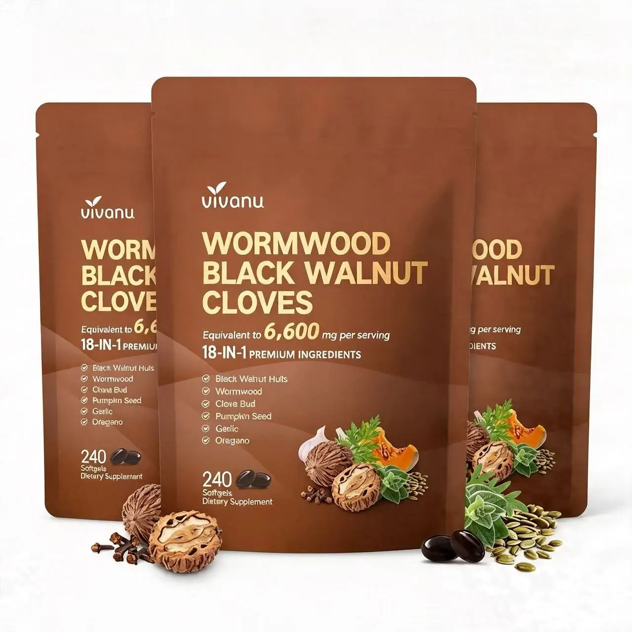 VIVONU Wormwood Black Walnut Cloves Capsules - Boost Metabolism & Enhance Energy | Contains Black Walnut, Garlic, Wormwood, and More | 240 Capsules (80-Day Supply)