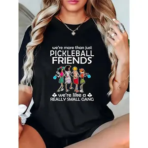 Women’s Black Pickleball T-Shirt, Cartoon Pickleball Friends & Funny “Really Small Gang” Quote, Casual Sports Tee for Pickleball Enthusiasts, Ideal for Game Days & Friend Hangouts