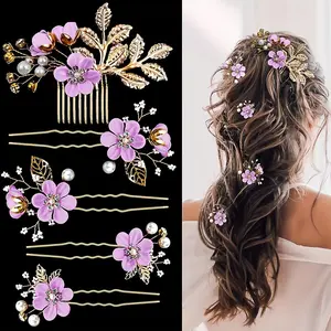 5Pcs Bride Flower Wedding Hair Clip,Crystal Pearl Bride White Flower Hair Clip Headwear,Golden Wedding Hair Accessories,Rhinestone Accessories for Ladies and Girls Bridesmaids