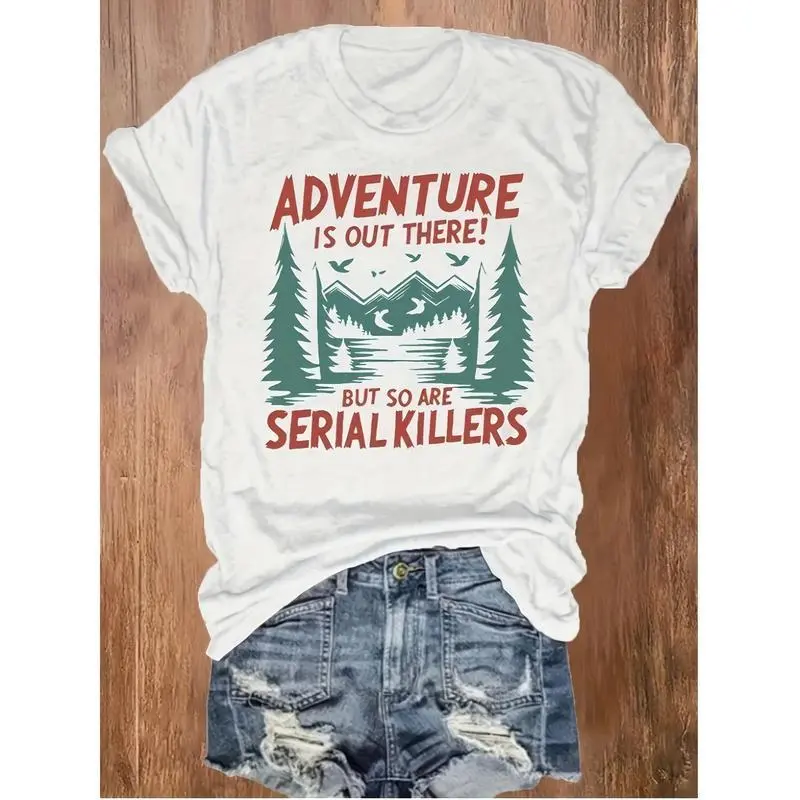 Women's Casual Short Sleeve T-Shirt - "Adventure Is Out There!" Mountain Lakes Graphic Print, Round Neck Summer,Machine Washable Outdoor Enthusiast Apparel, Everyday Comfort, Relaxed Fit