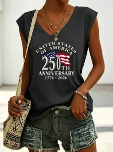 Casual Vneck Sleeveless White Tshirt with American Flag 250th Anniversary Print, Perfect for Home, Outdoors, or Gifting| Ideal for Valentine's Day, and More shirts women 4 of july us a festive wear