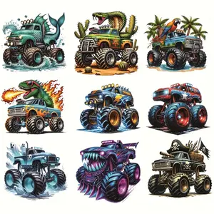 9 Pack Monster Truck Desert Racer Iron on Transfers, Colorful Hot Fix Vinyl Stickers for Tshirt, Hoodie, Bag, Pillow - Adventure Theme, Washer Resistant, Long Lasting Adhesive