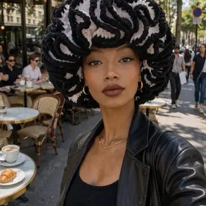 Blank and white ruffled brim hat