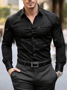 Men's Asymmetrical Gold Embroidery Long Sleeve Shirt, Casual Fitted Design, All Seasons Wear, Plain Pattern, No Ca Prop 65 Warning