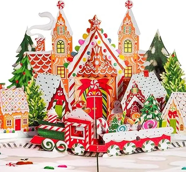 3D Gingerbread Town Christmas Pop Up Card, Gift for Christmas or Holidays, 5" x 7" Cover - Includes Envelope and Removable Note Tag