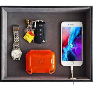 Valet Tray with Charging Station - PU Nightstand Organizer for Men and, Desk Catchall Tray for Keys, Jewelry